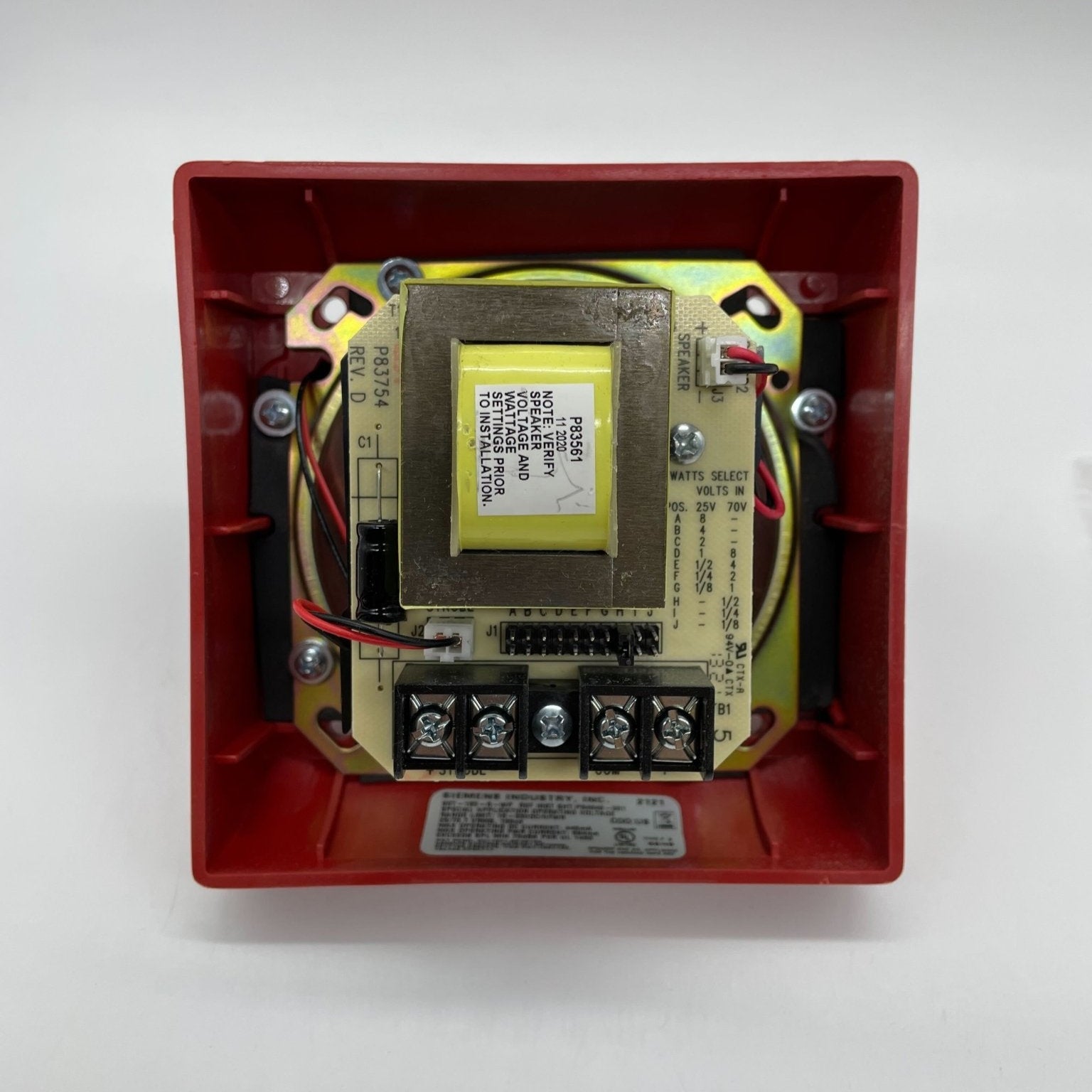 Siemens SET-185-R-WP wall-mounted red candela speaker with a sleek design and visible mounting bracket.