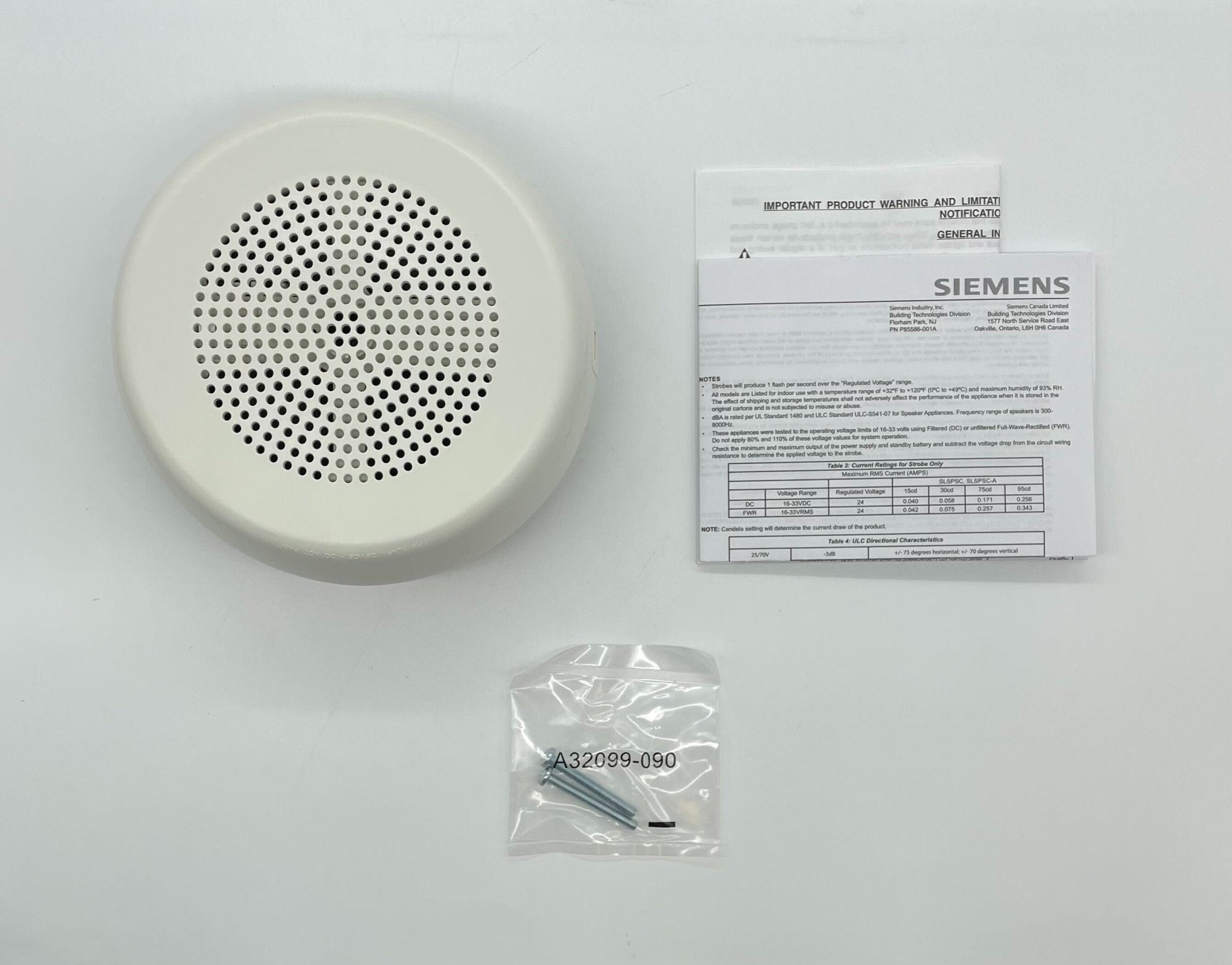 Siemens ceiling speaker in white, model SLSPCW-N (S54329-F51-A2), mounted on ceiling for audio installation.