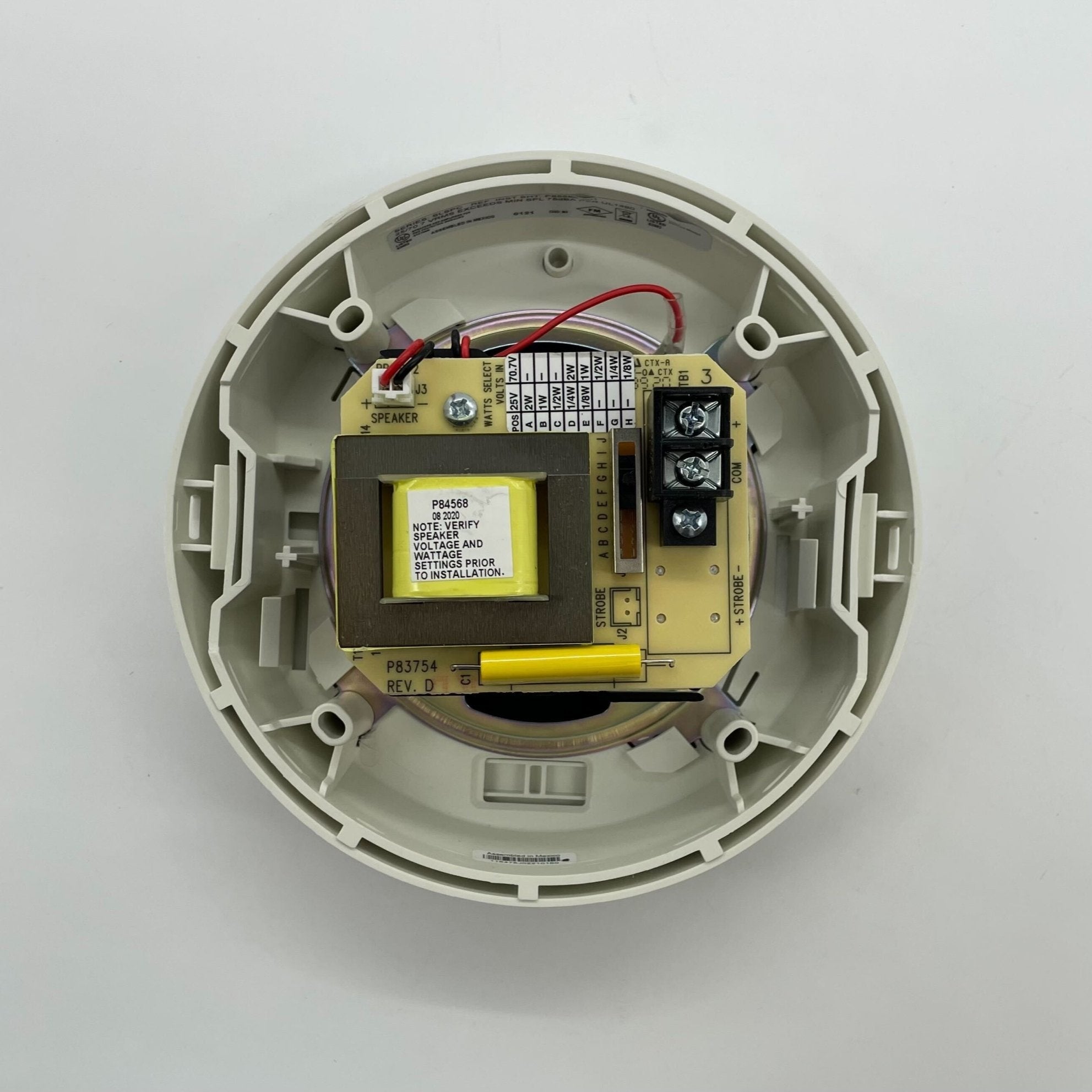 Siemens SLSPCW-N ceiling white speaker installed in ceiling, compact design, ideal for home or office sound system.