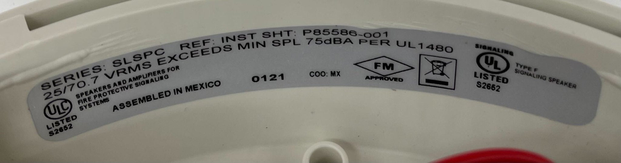 White Siemens ceiling speaker model SLSPCW-N (S54329-F51-A2) installed in ceiling for clear audio.