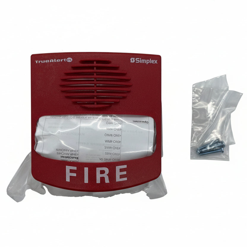 Simplex 49AV-WRF TrueAlert ES addressable horn strobe, white alarm device with horn and flashing strobe light.