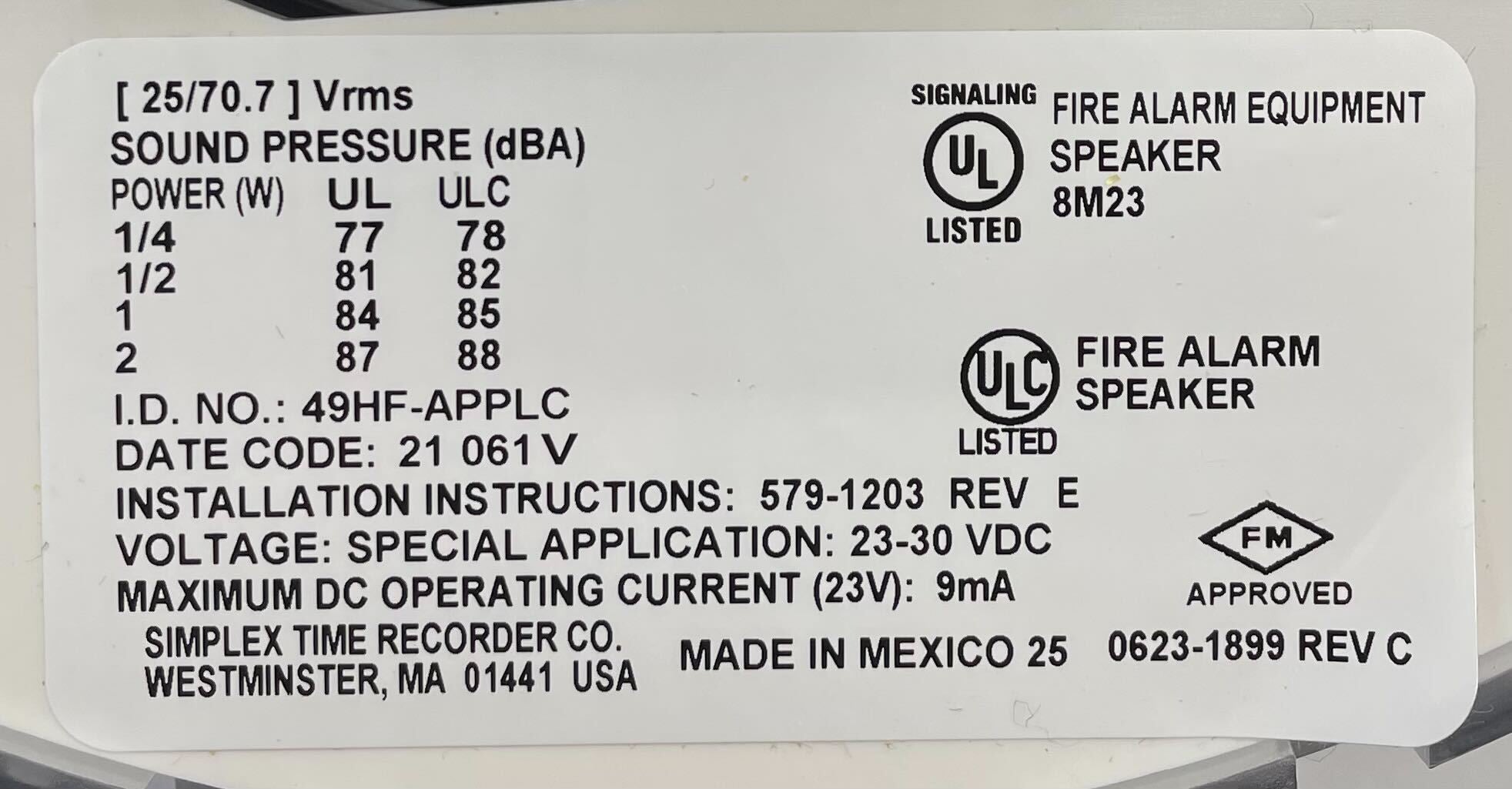 Simplex TrueAlert ES high-fidelity addressable speaker installed in a ceiling for alerting and communication systems.