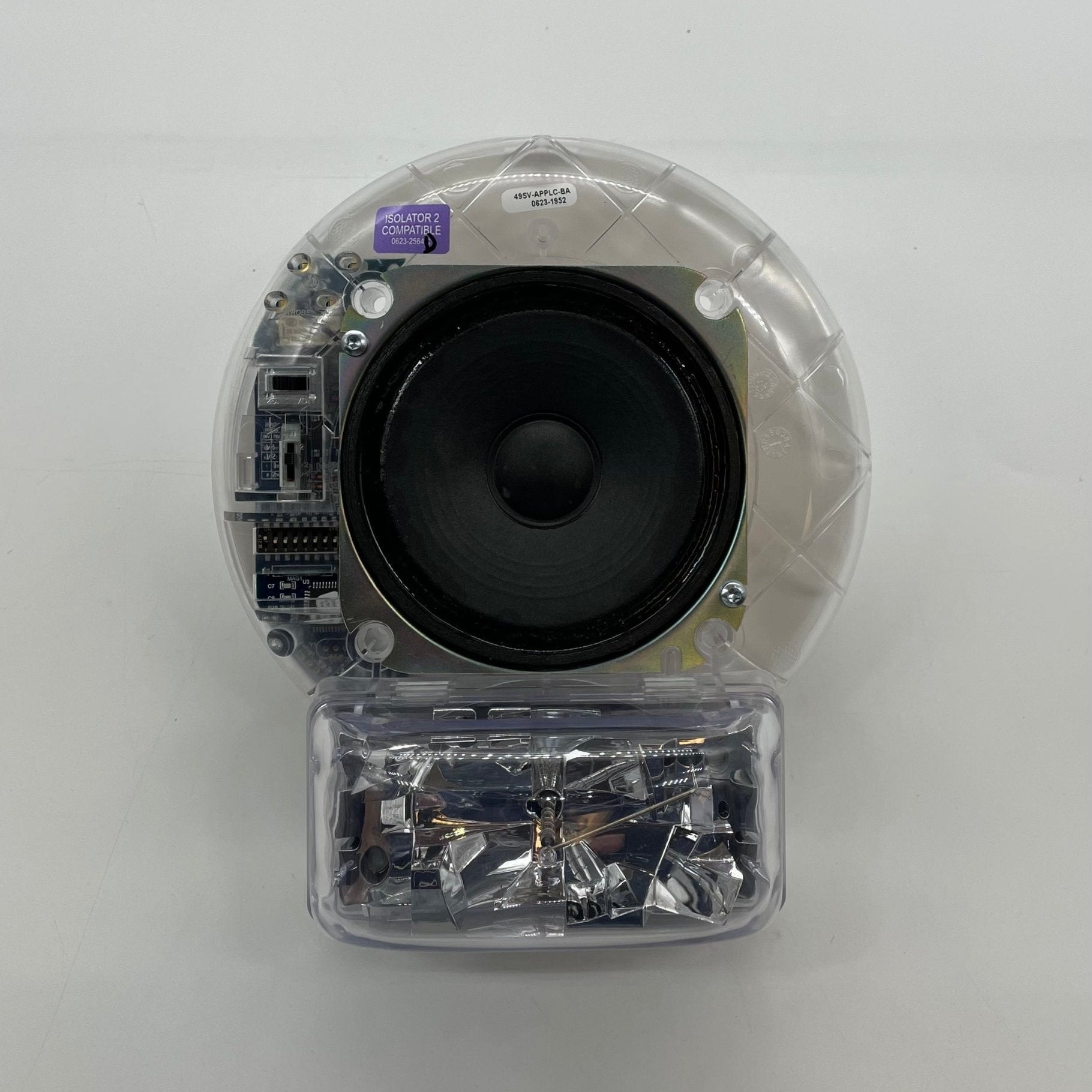 Simplex TrueAlert ES addressable fire alarm speaker strobe with white housing and mounting hardware.