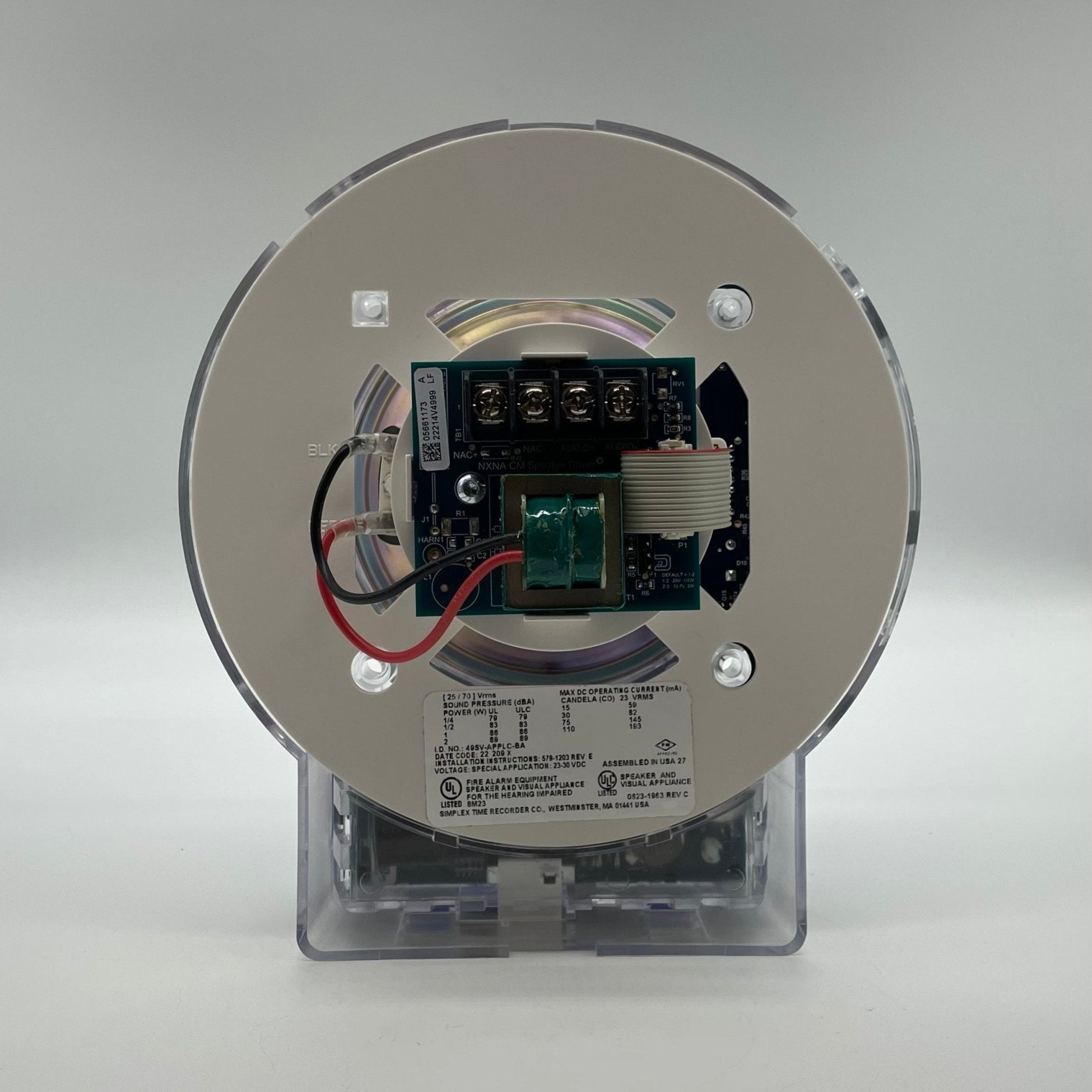 Simplex TrueAlert ES addressable fire alarm speaker strobe with white housing and adjustable mounting, designed for fire safety systems.