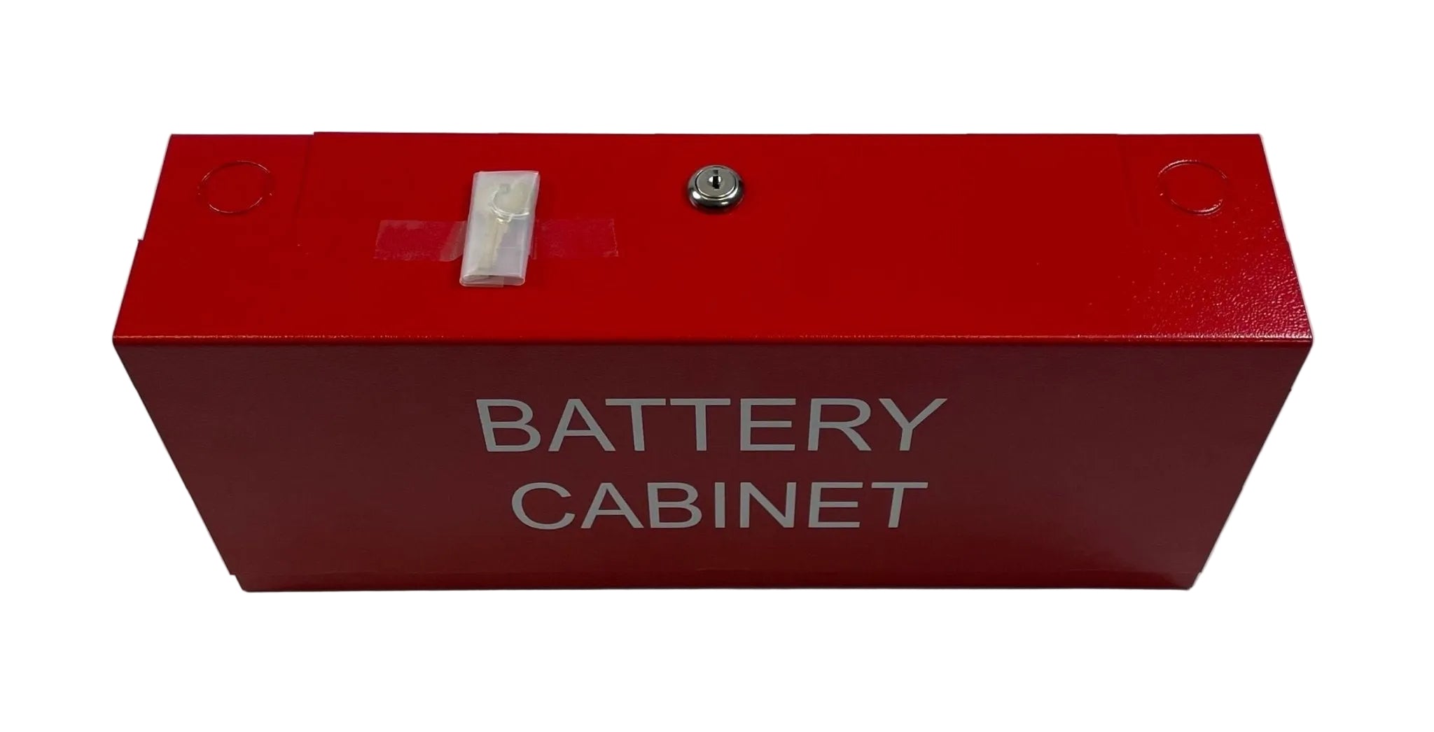 Red Space Age SSU00505 MBC Mini Battery Cabinet for fire alarms, compact metal enclosure with keypad and battery compartment.