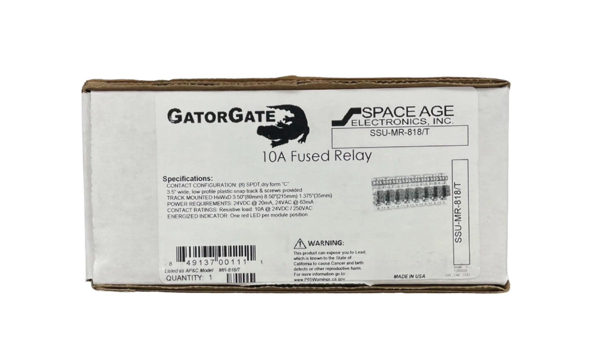 Space Age SSU-MR-818/T relay showing a compact electrical relay with 24VAC/DC and 120VAC terminals, used for automation and control.
