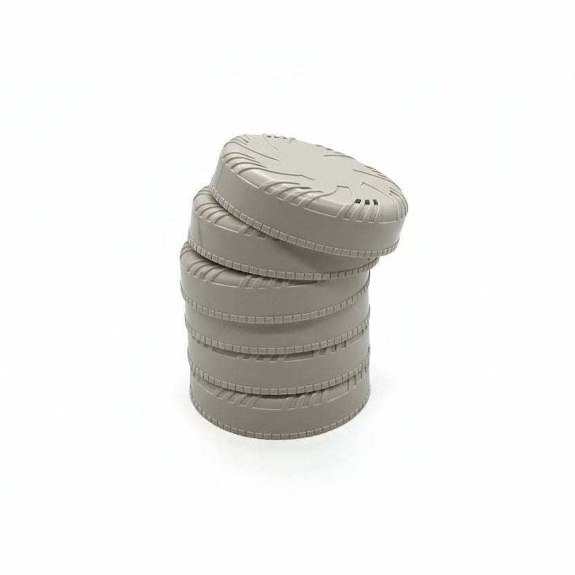 Six System Sensor RF-FTX replacement filter covers, durable plastic covers for fire alarm system filters.