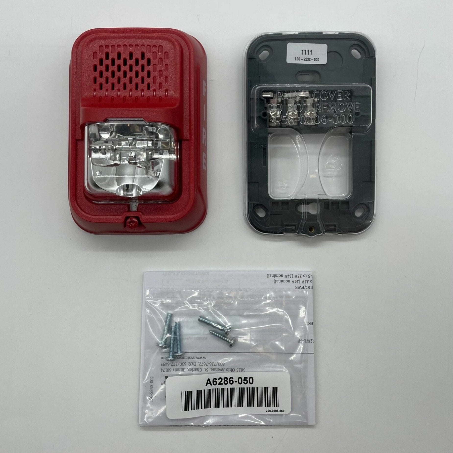 System Sensor P2GRL indoor output compact horn strobe with a white casing, featuring a horn and flashing strobe light for alert signaling.