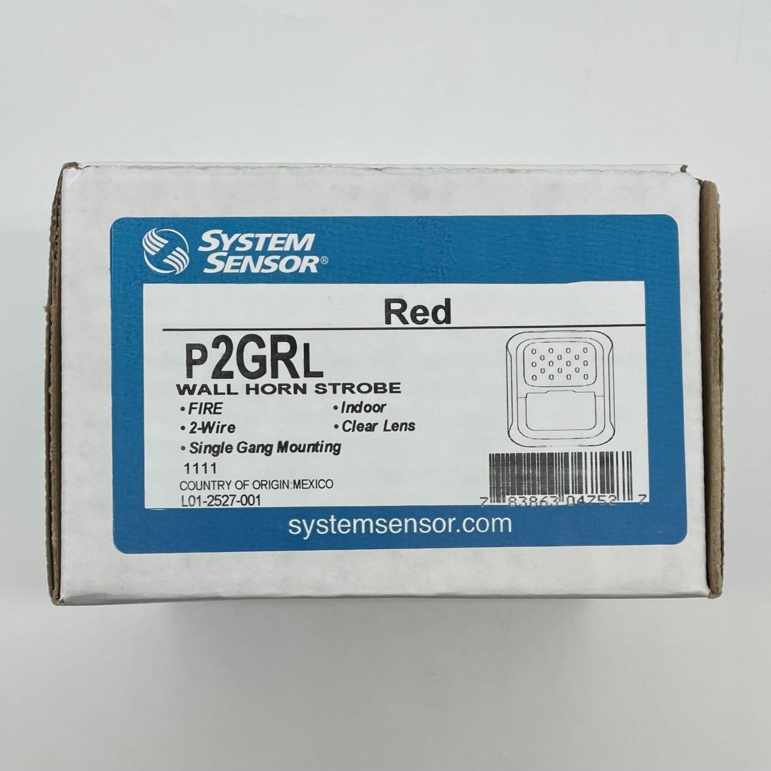 System Sensor P2GRL indoor output compact horn strobe with red casing and mounting bracket, designed for alert signaling.