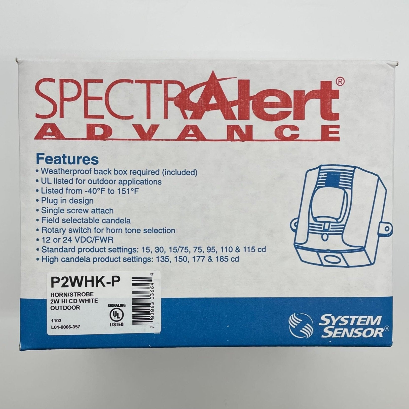System Sensor P2WHK-P outdoor selectable output horn strobe with weatherproof housing and adjustable mounting options.