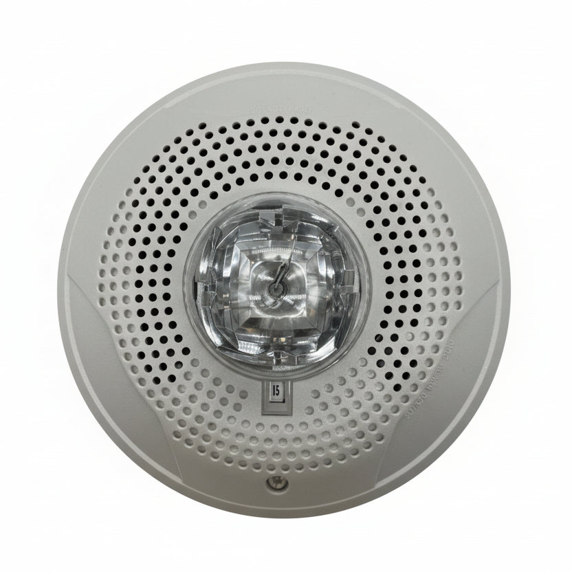 System Sensor PC4W horn strobe alarm device showing the horn and strobe light assembly for fire safety and signaling.