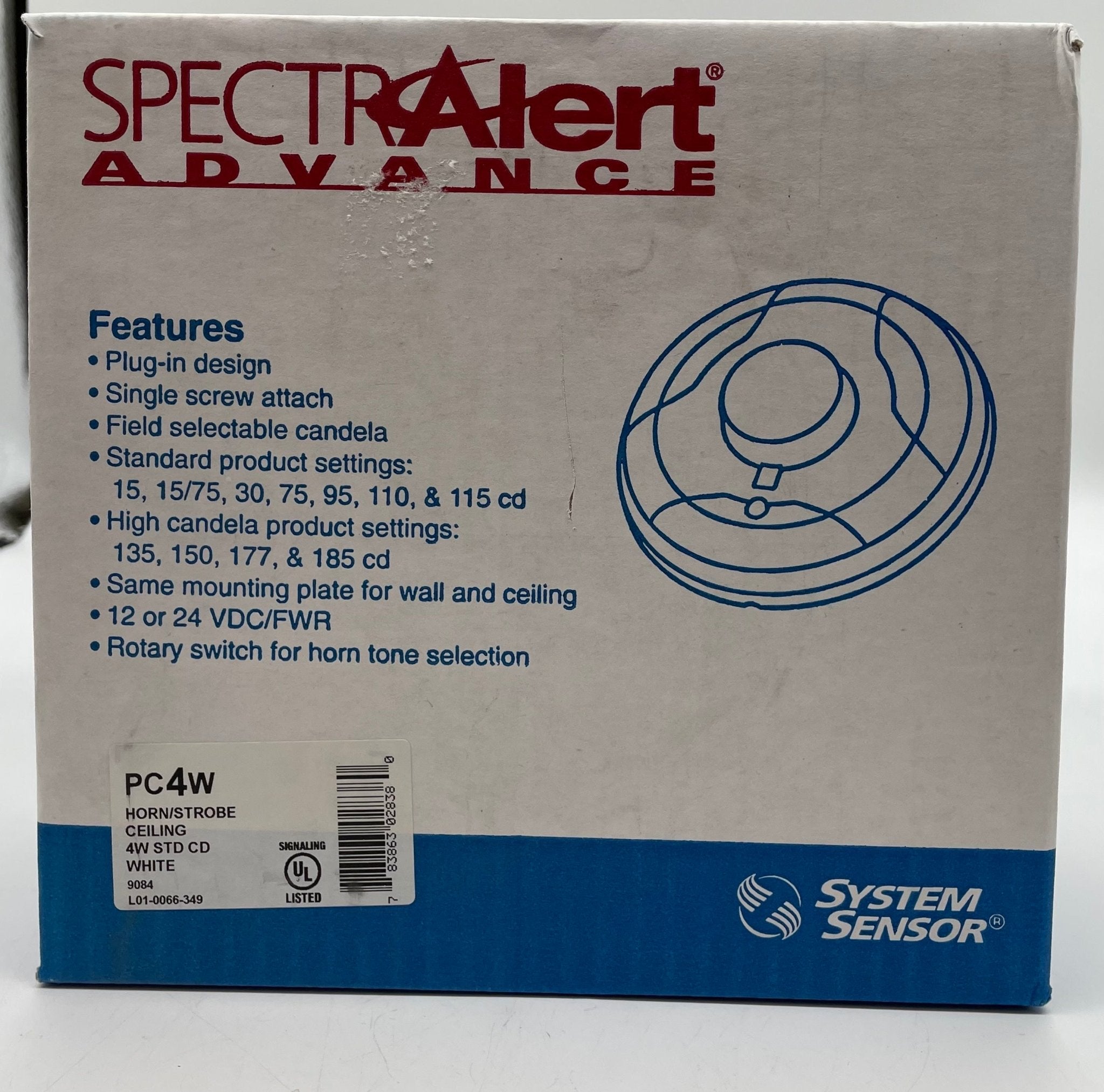System Sensor PC4W Horn Strobe, fire alarm warning device with bright strobe light and loud horn for safety notifications.
