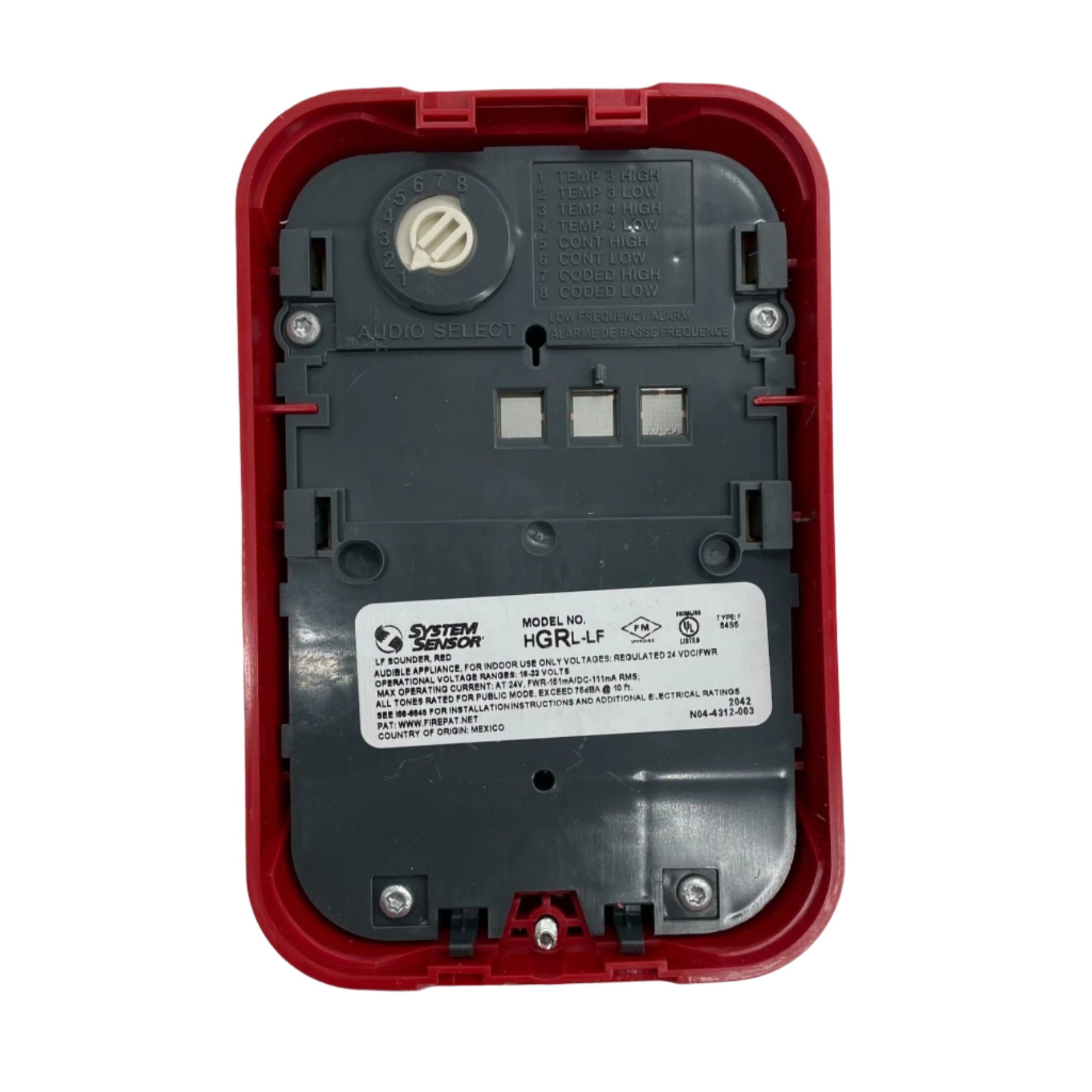 System Sensor HGRL-LF Indoor Low Frequency Compact Sounder displaying its alert horn and mounting base.