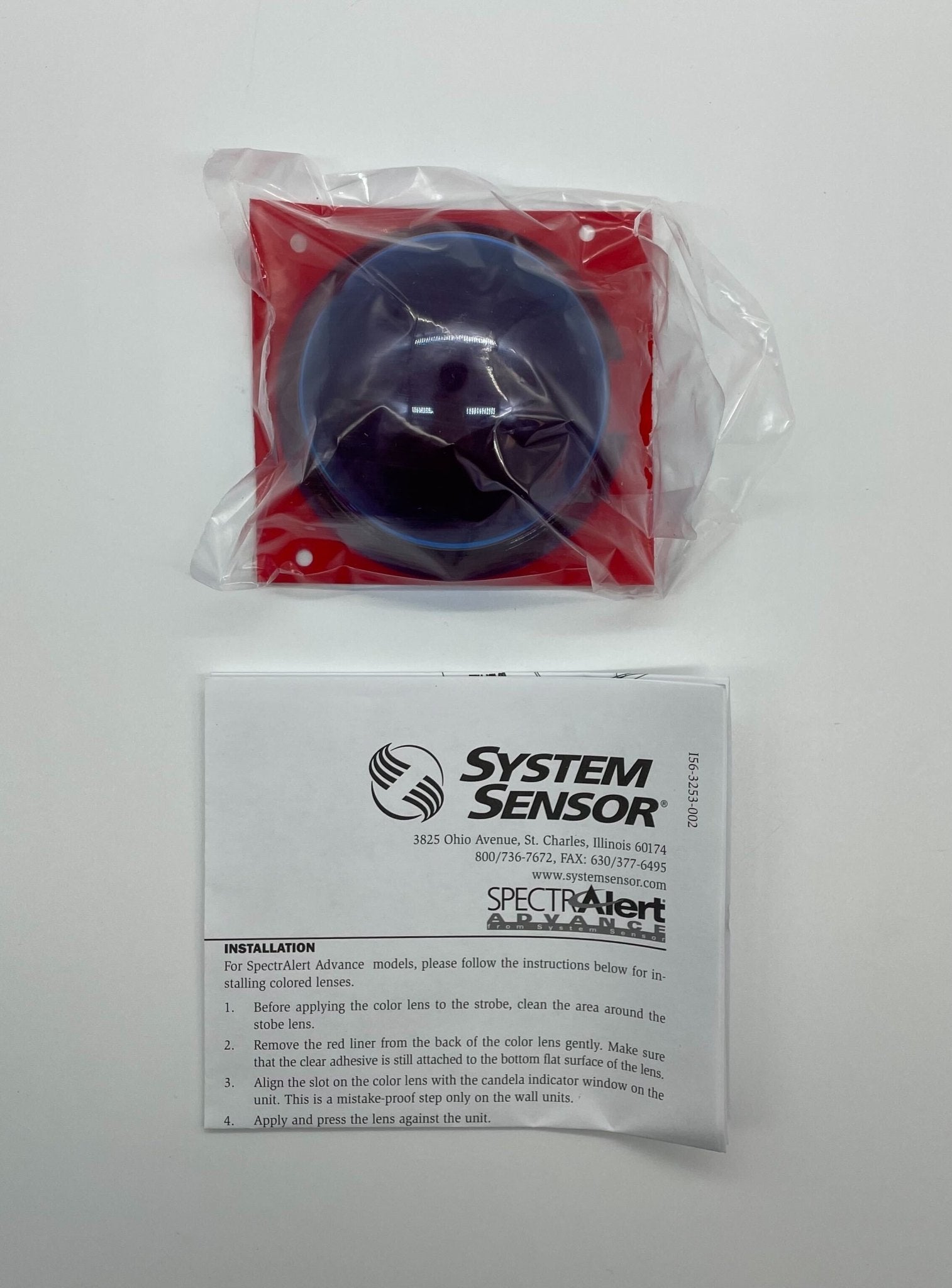 Blue lens for System Sensor ceiling strobe light, designed to enhance visibility and alertness in fire alarm systems.