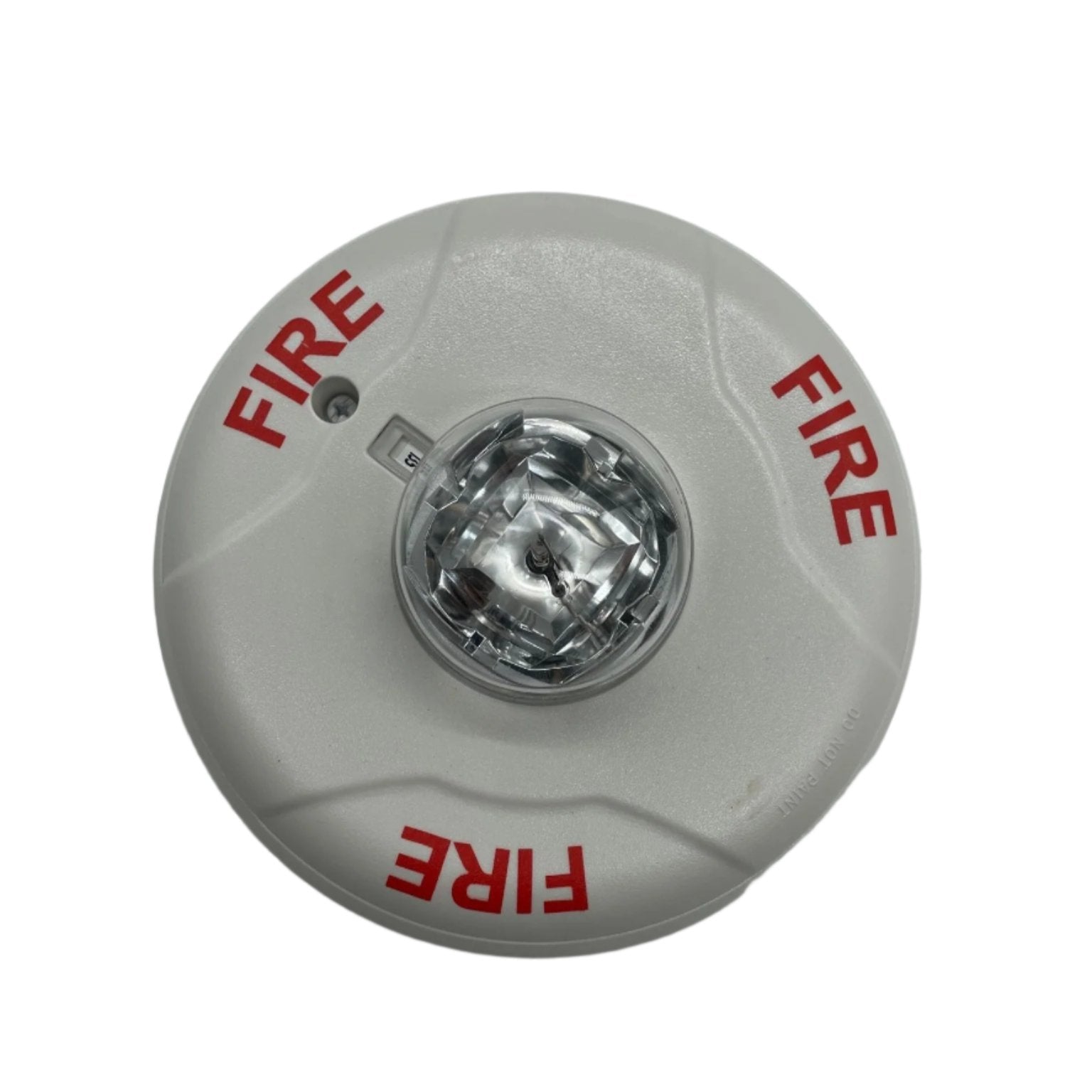 White outdoor System Sensor SCWHK strobe light, weather-resistant outdoor security alarm strobe with bright flashing light.
