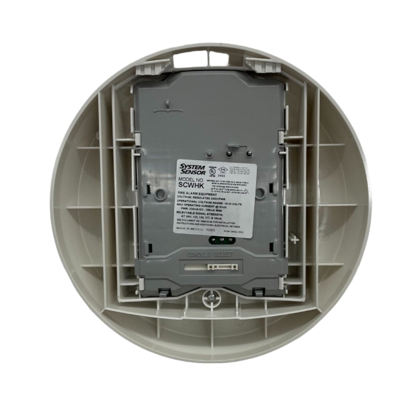 White outdoor strobe light by System Sensor, model SCWHK, with bright flashing alert for outdoor safety and visibility.